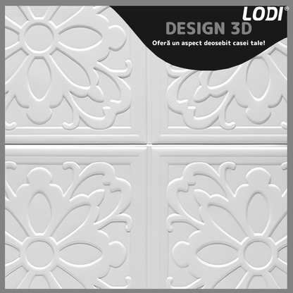 Set 10x Tapet 3D Lodi837, suprafata acoperire 4.9 mp, autoadeziv, Model Floare Patrat, perete/tavan, waterproof, usor de montat, design modern, 70x77 cm, alb