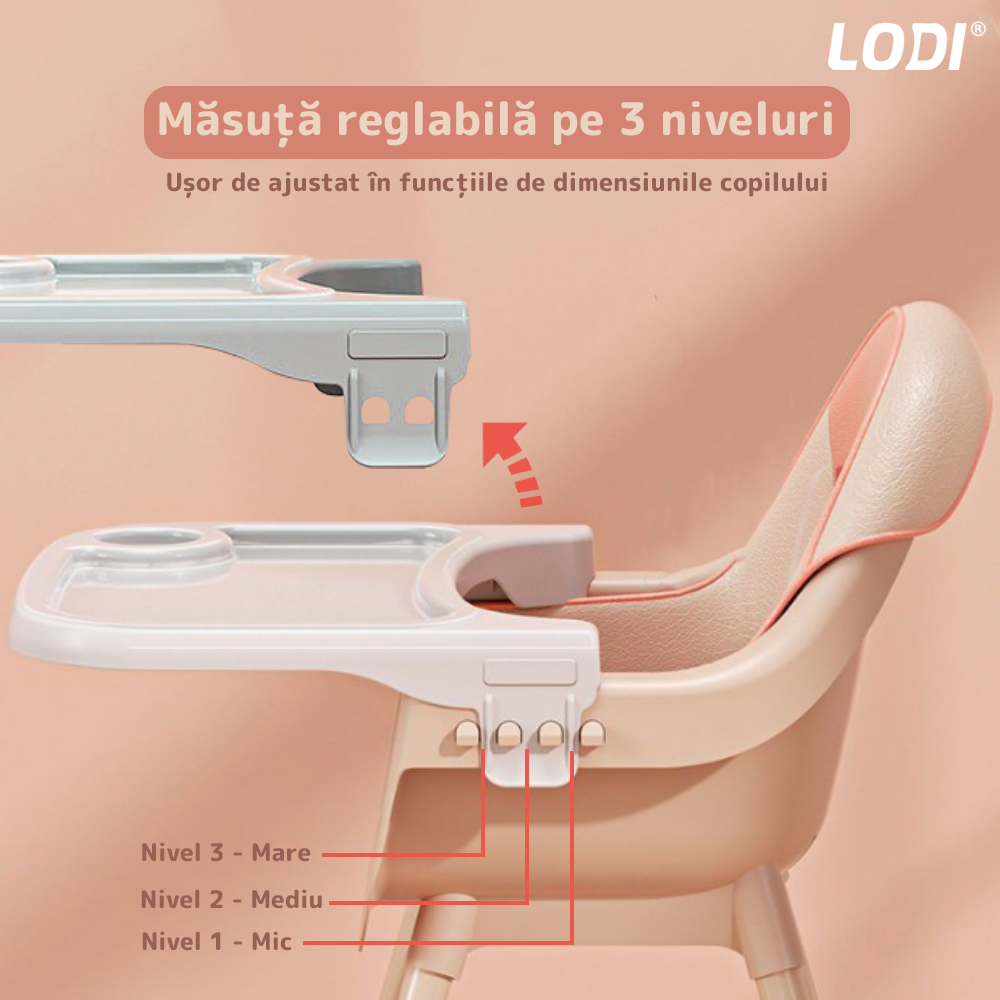Scaun de Masa 3in1 pentru Bebelusi si Copii  Lodi90, inaltime ajustabila, centura de siguranta in 5 puncte, tavita reglabila si detasabila, loc depozitare jucarii, roz