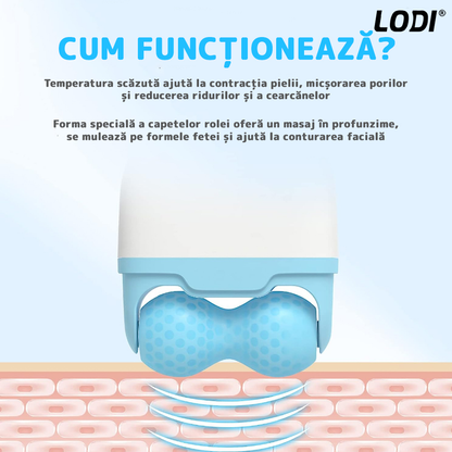 Rola de Masaj cu Gheata Lodi50, Ice Roller, 2 capete W si V, anti-aging, ingrijirea tenului, tonifiere, albastru/alb