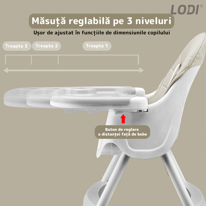 Scaun de Masa 3in1 pentru Bebelusi si Copii Lodi636, inaltime ajustabila, centura de siguranta in 5 puncte, tavita reglabila si detasabila, loc depozitare jucarii, bej