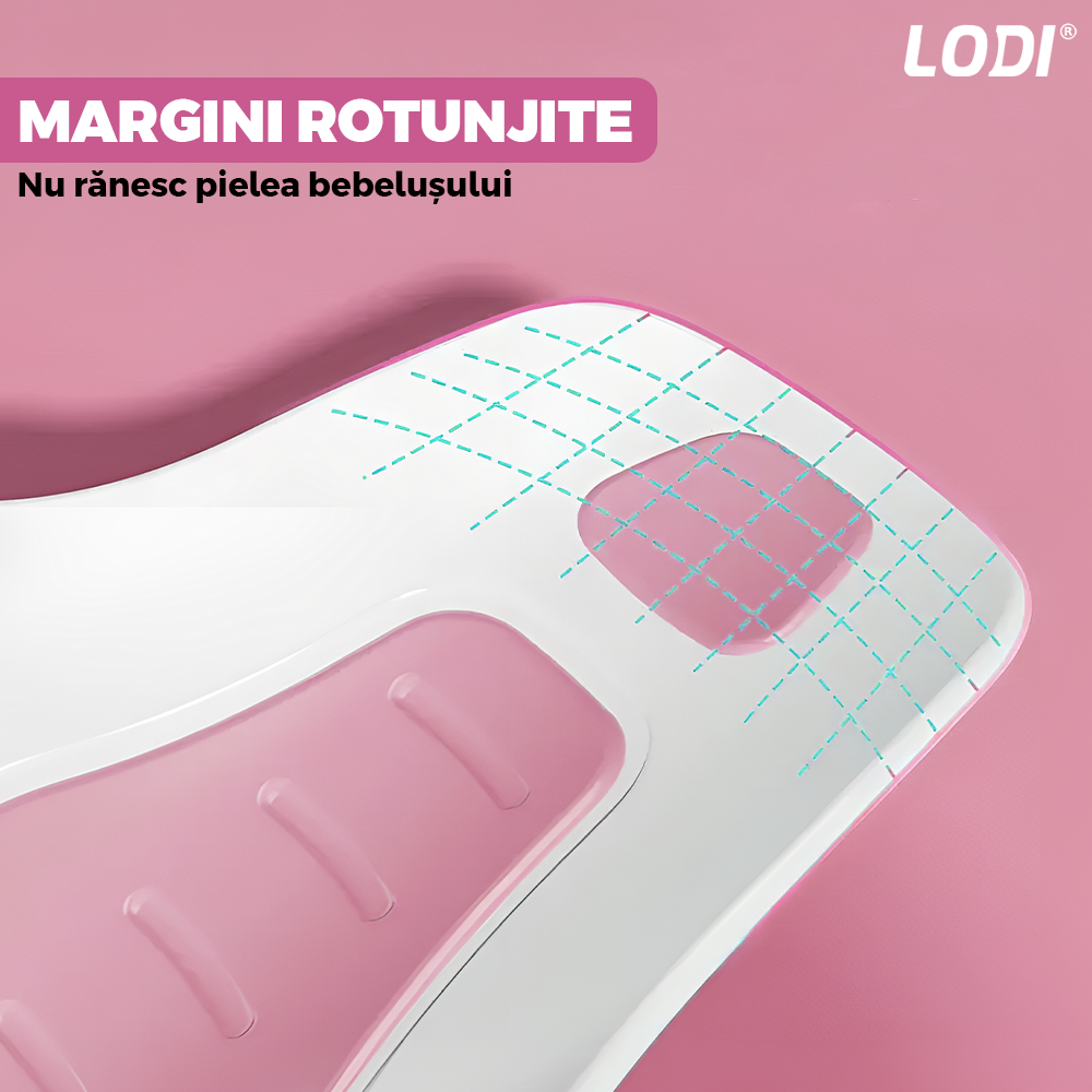 Scaun Portabil de Baie Lodi981, nou-nascuti si bebelusi, cu suport montabil tip ventuza pe chiuveta, lavoar sau cada, antiderapant, colturi rotunjite, roz