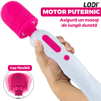 Aparat de Masaj Lodi1096, 10 Frecvente de Vibratii, waterproof, alimentare USB, portabil, elimina durerile musculare, roz/alb