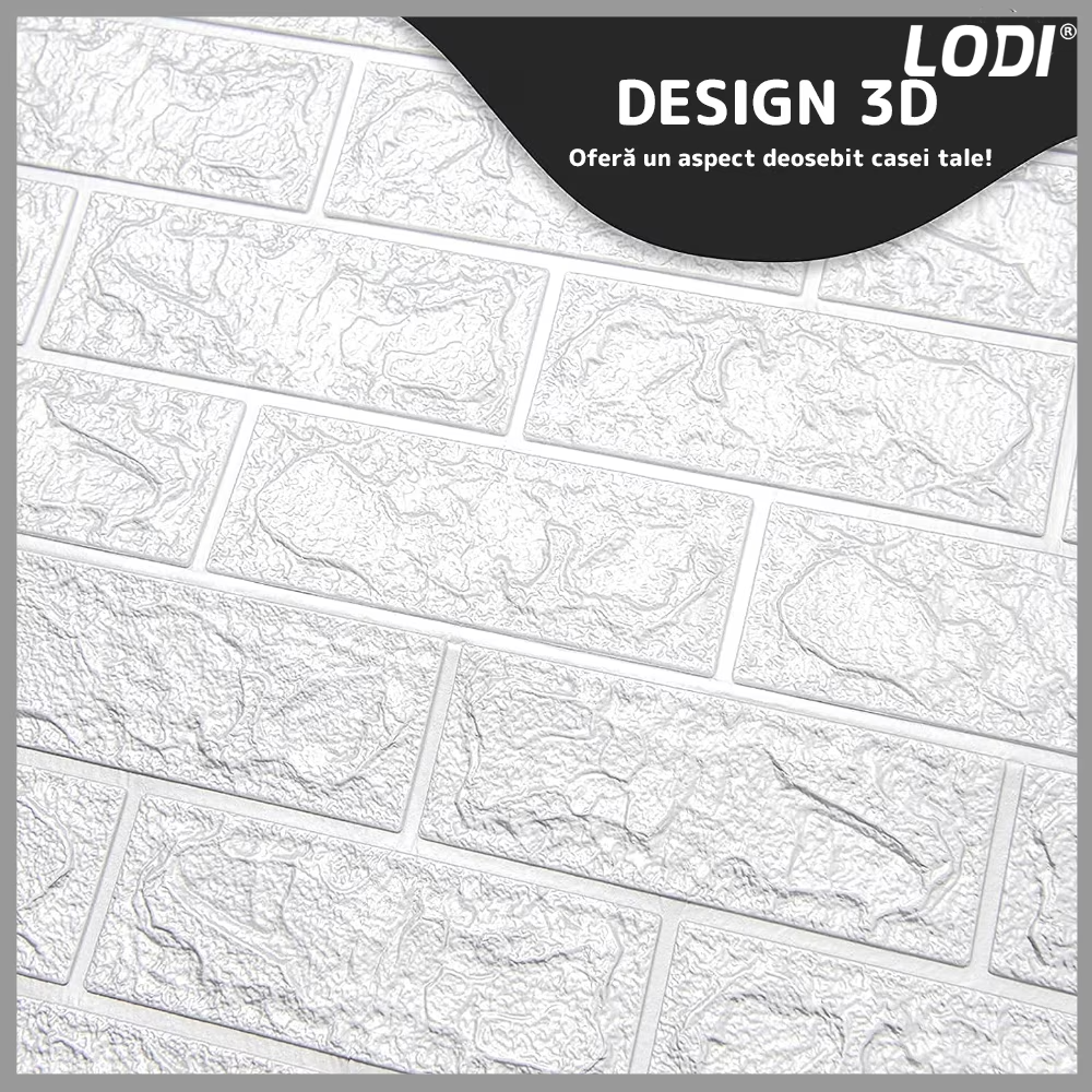 Set Tapet Mic Caramida 3D Lodi102, suprafata acoperire 3.31 mp, autoadeziv, waterproof, usor de montat, design modern, 38.5x34 cm, alb