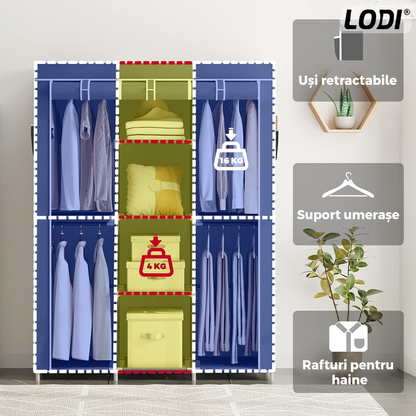 Dulap din Material Textil pentru Haine si Incaltaminte Lodi423,  impermeabil, 8 rafturi, inchidere fermoar,  suport umerase,  cadru otel, 170 cm, gri
