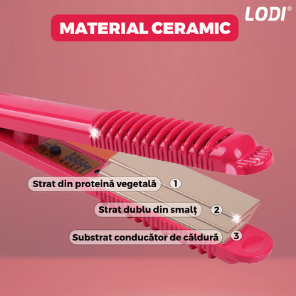 Placa profesionala de indreptat parul Lodi457,  invelis ceramic, portabila, 4 trepte de temperatura, easy lock, par umed si uscat, 210°, roz