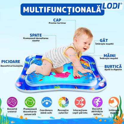 Saltea cu Apa pentru Bebelusi Lodi1206, centru de activitati si joaca, gonflabila, umpluta cu lichid, jucarii senzoriale tip animale marine, design distractiv, albastru