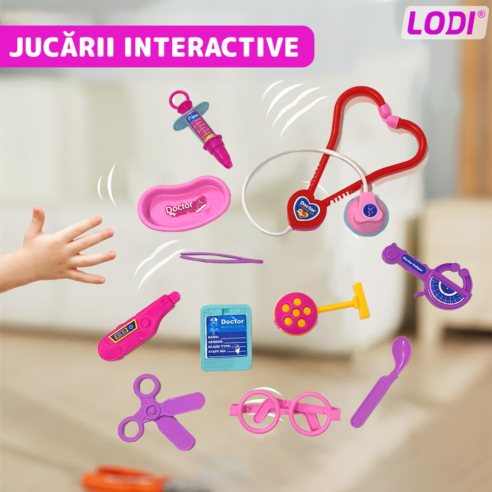 Set Trusa Medicala Asistenta Doctor Lodi477, joc de rol, 11 accesorii si cutie penntru depozitare, 37.5 x 21 cm, roz inchis