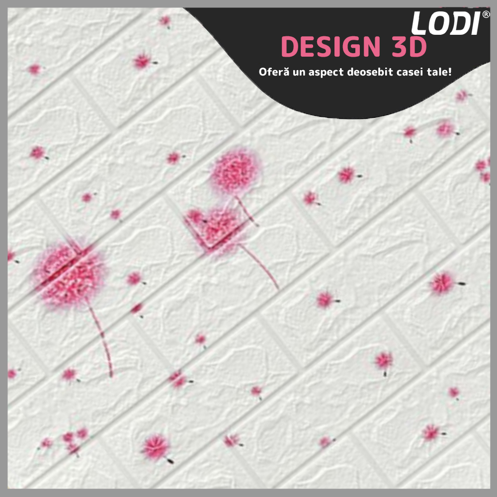 Set Tapet Caramida 3D Lodi74, model Flori, suprafata acoperire 5.3 mp, autoadeziv, waterproof, usor de montat, design modern, 70x77 cm, alb