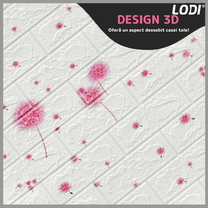Set Tapet Caramida 3D Lodi74, model Flori, suprafata acoperire 5.3 mp, autoadeziv, waterproof, usor de montat, design modern, 70x77 cm, alb