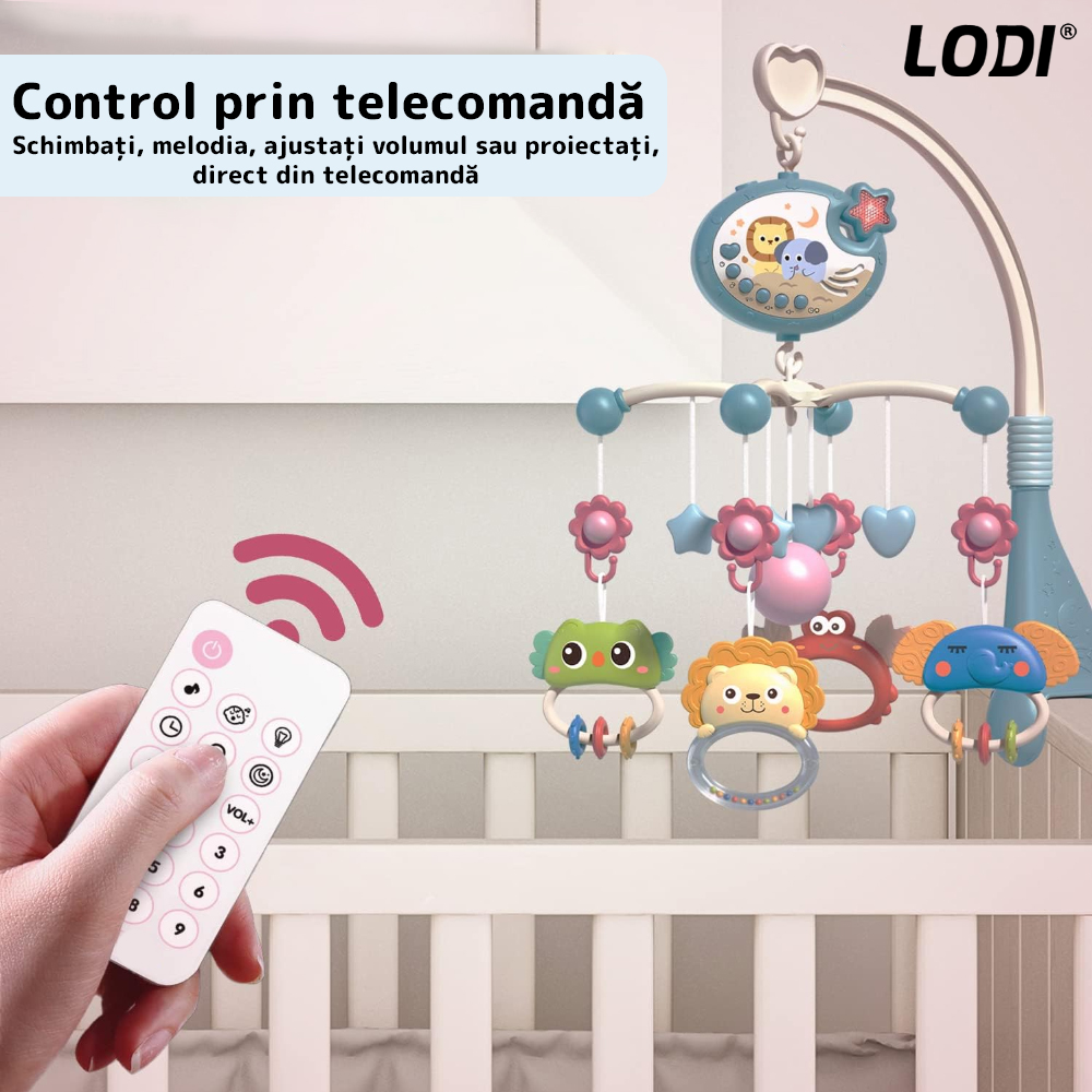 Carusel Muzical pentru Patut Lodi137, Bebe, control prin telecomanda, proiector, muzica si lumini, jucarii detasabile, multicolor