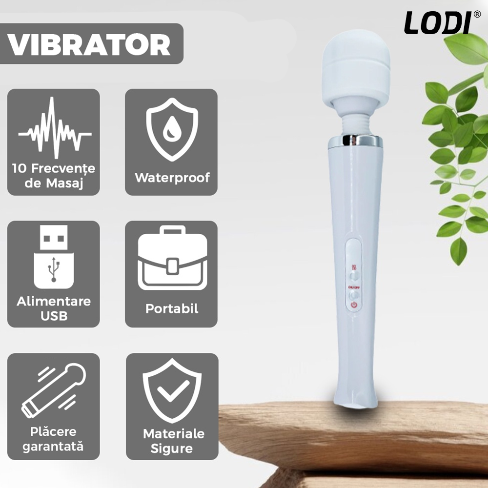 Aparat de Masaj Lodi1095, 10 Frecvente de Vibratii, waterproof, alimentare USB, portabil, elimina durerile musculare, alb