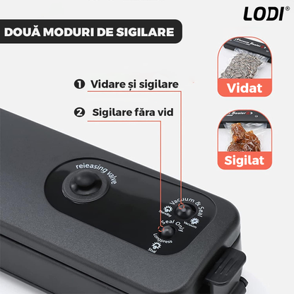 Aparat de Sigilat si Vidat Lodi1203, set 10 role de vidat gofrate 17 cm x 5 m incluse, alimente si obiecte, vidare umeda/uscata/soft, 90W, 220V, portabil, negru