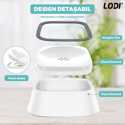 Bol Apa Anti-stropire Lodi1504, pentru caini si pisici, rama flotanta, sistem anti-alunecare, adapator, piese detasabile, capacitate 1.5 l, alb/gri