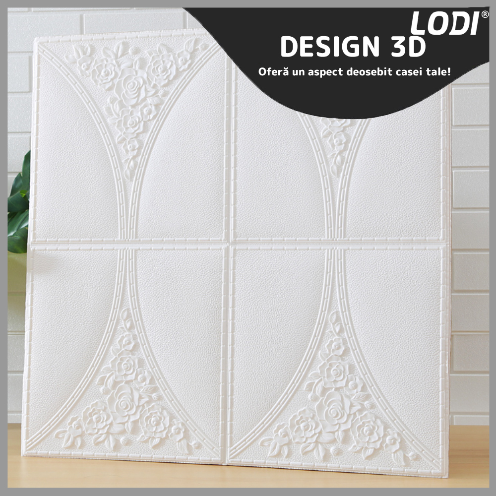 Set Tapet 3D Lodi128, suprafata acoperire 4.9 mp, autoadeziv, Model Floral, perete/tavan, waterproof, usor de montat, design modern, 70x70 cm, alb