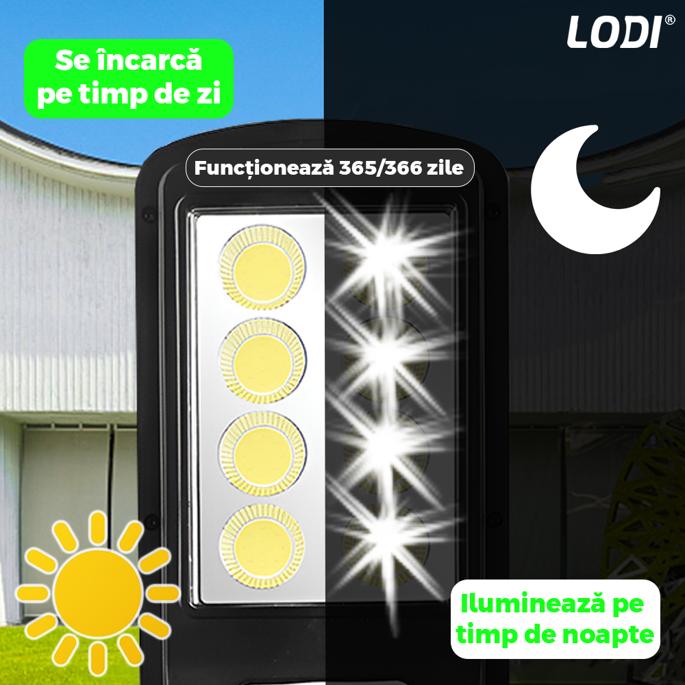 Lampa Solara Stradala 8 LED-uri Lodi880, control prin telecomanda, senzor de miscare, 3 moduri de iluminare, protectie IP65, Waterproof, exterior, negru