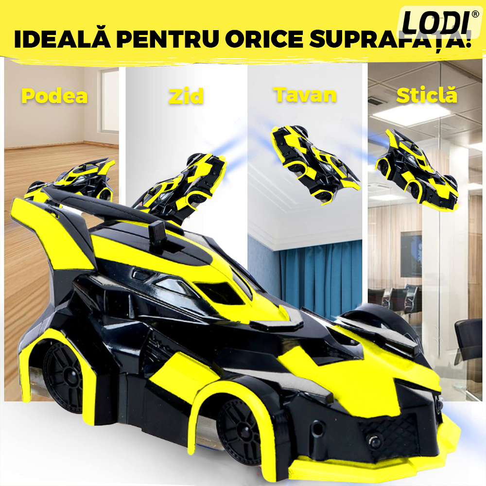 Masinuta Antigravitationala cu Telecomanda Lodi1427, urcare pe pereti si tavan, compatibila cu orice suprafata, rotire 360 de grade, senzor infrarosu, incarcare cu port USB, telecomanda intuitiva, galben/negru