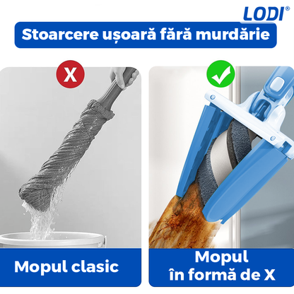 Mop cu Cap in Forma de X Lodi1147, rotire 360 grade, telescopic, curatare usoara, 5 lavete incluse, 123 cm, albastru deschis