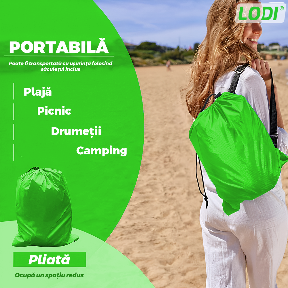 Saltea Gonflabila Tip Sezlong Lazybag Lodi1234, material rezistent, umflare fara pompa, pentru plaja/picnic/camping, rucsac de depozitare, 190 x 70 cm, verde