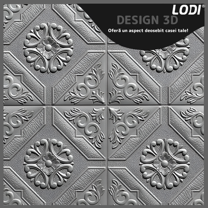 Set 10x Tapet 3D Lodi779, suprafata acoperire 4.9 mp, autoadeziv, Model Floral Carou, perete/tavan, waterproof, usor de montat, design modern, 70x70 cm, gri