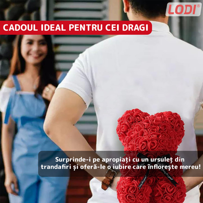 Ursulet din Trandafiri de Spuma Lodi330, floral rosu, handmade, cutie transparenta, 25 cm