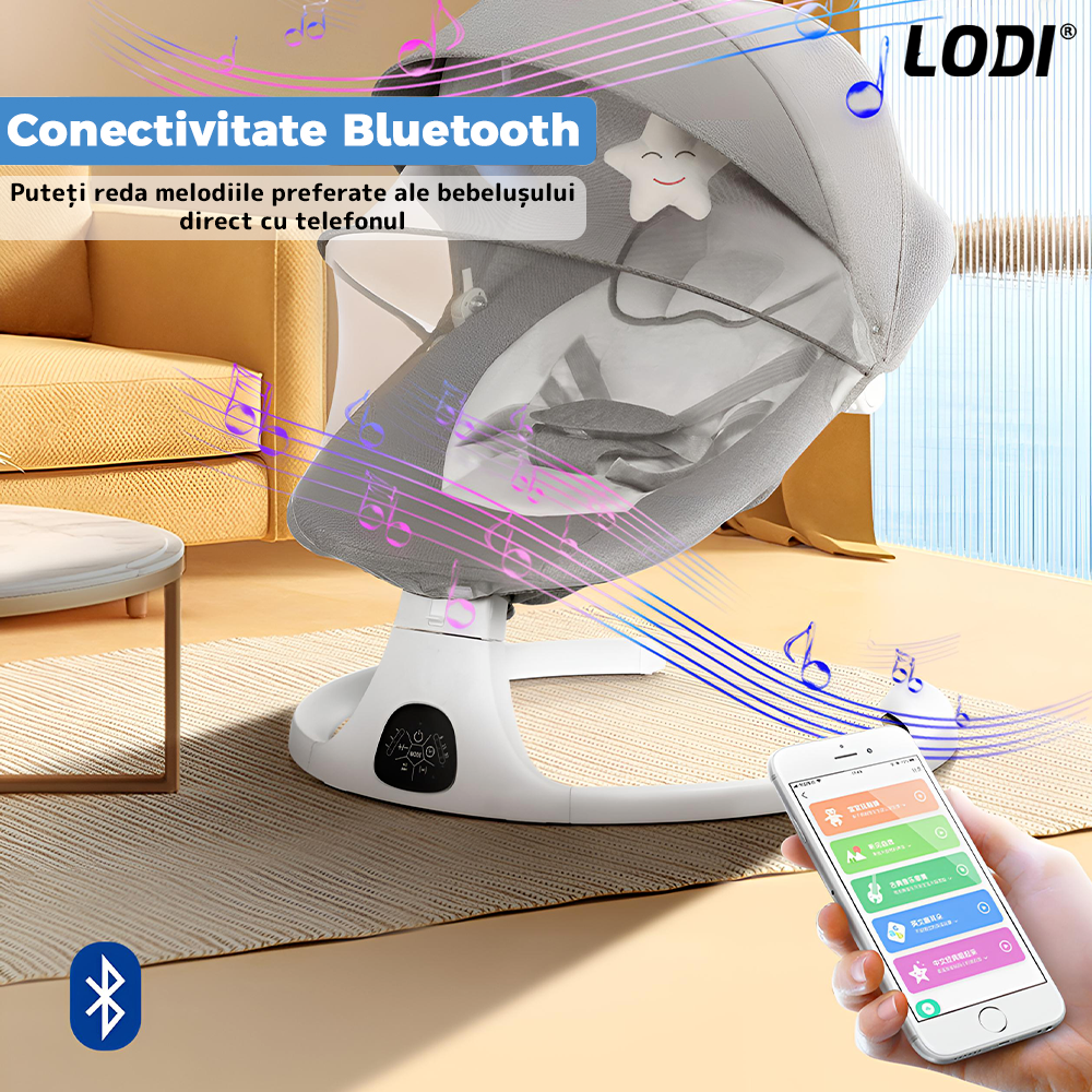 Leagan Electric Lodi986, conectivitate Bluetooth, control tactil, telecomanda, tava detasabila, acoperis rabatabil, plasa protectie tantari pentru bebelusi, jucarii, muzica, gri/alb