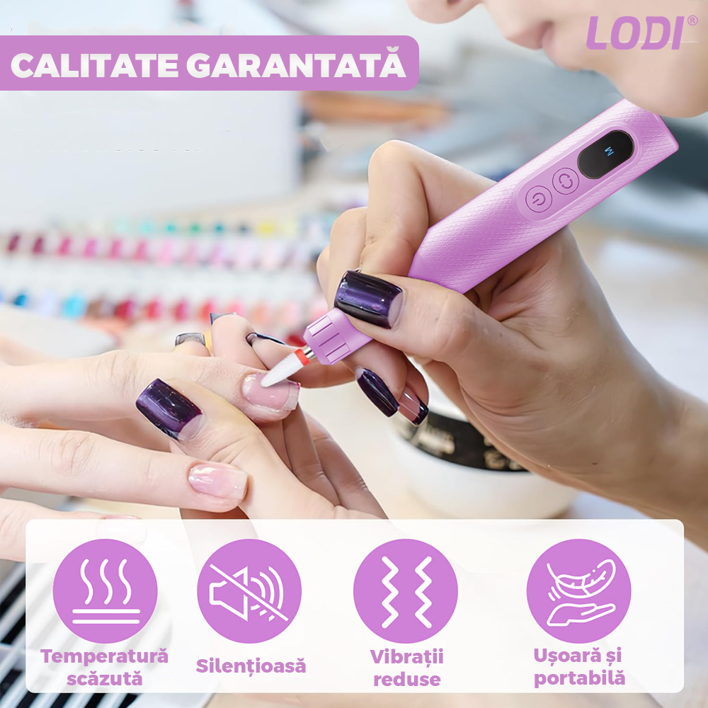 Pila Electrica Profesionala pentru Unghii Lodi1192, freza wireless, 18000 RPM, ecran LED, manichiura-pedichiura, 12 capete pentru pila, 36 benzi de slefurie, portabila, lila