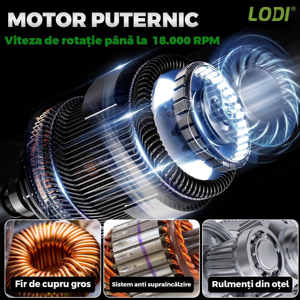 Motocoasa Electrica Lodi1175, acumulator 24V, baston telescopic, 3 tipuri de lame pentru taiere, 18000 RPM, autonomie de 2-3 ore, accesorii incluse, verde