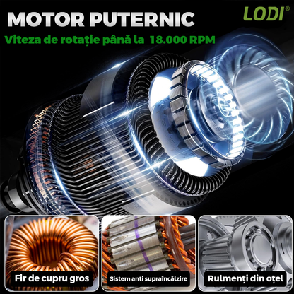Motocoasa Electrica Lodi1175, acumulator 24V, baston telescopic, 3 tipuri de lame pentru taiere, 18000 RPM, autonomie de 2-3 ore, accesorii incluse, verde