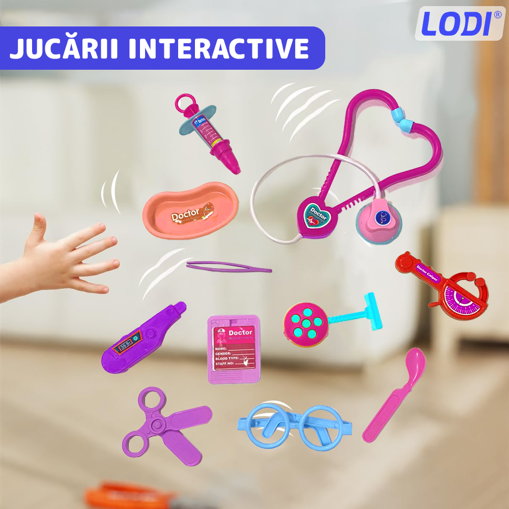 Set Trusa Medicala Asistenta Doctor Lodi479, joc de rol, 11 accesorii si cutie penntru depozitare, 37.5 x 21 cm, albastru