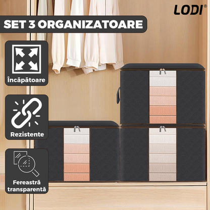 Set 3 Cutii pentru Depozitare si Organizare Mici Lodi1033, pliabile, maner ranforsat si fereastra transparenta, pentru haine/paturi/ plapumi/ perne/ lenjerii de pat/jucarii, 60 L, 46x48x28 cm, negru