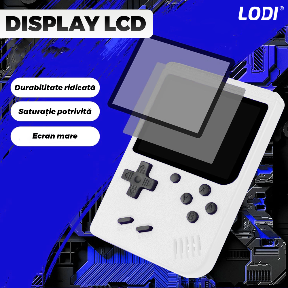 Mini Consola Jocuri Retro Game Box Lodi1503, SR-90, 400 in 1, maneta 2nd player inclusa, rotita volum, portabila, cablu AV, incarcare USB-MINI, autonomie ridicata,  11x8 cm, alb