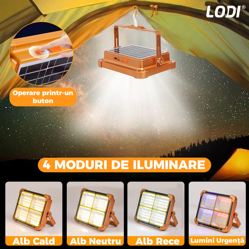 Lampa Solara 216 LED-uri Lodi267, 4 moduri de iluminare, protectie IP66, lumini de urgenta, power bank, portabila, Waterproof, exterior, portocaliu