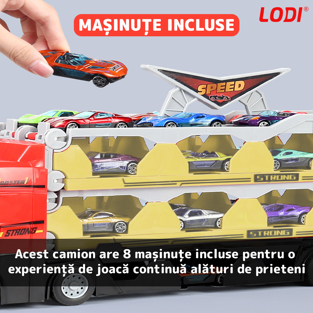 Set Camion Trailer de Jucarie pentru Transport Masinute de Curse Lodi530, tir si 8 masini, catapultare vehicule, platforma si pista de curse, prelungire 2.07 m, rosu