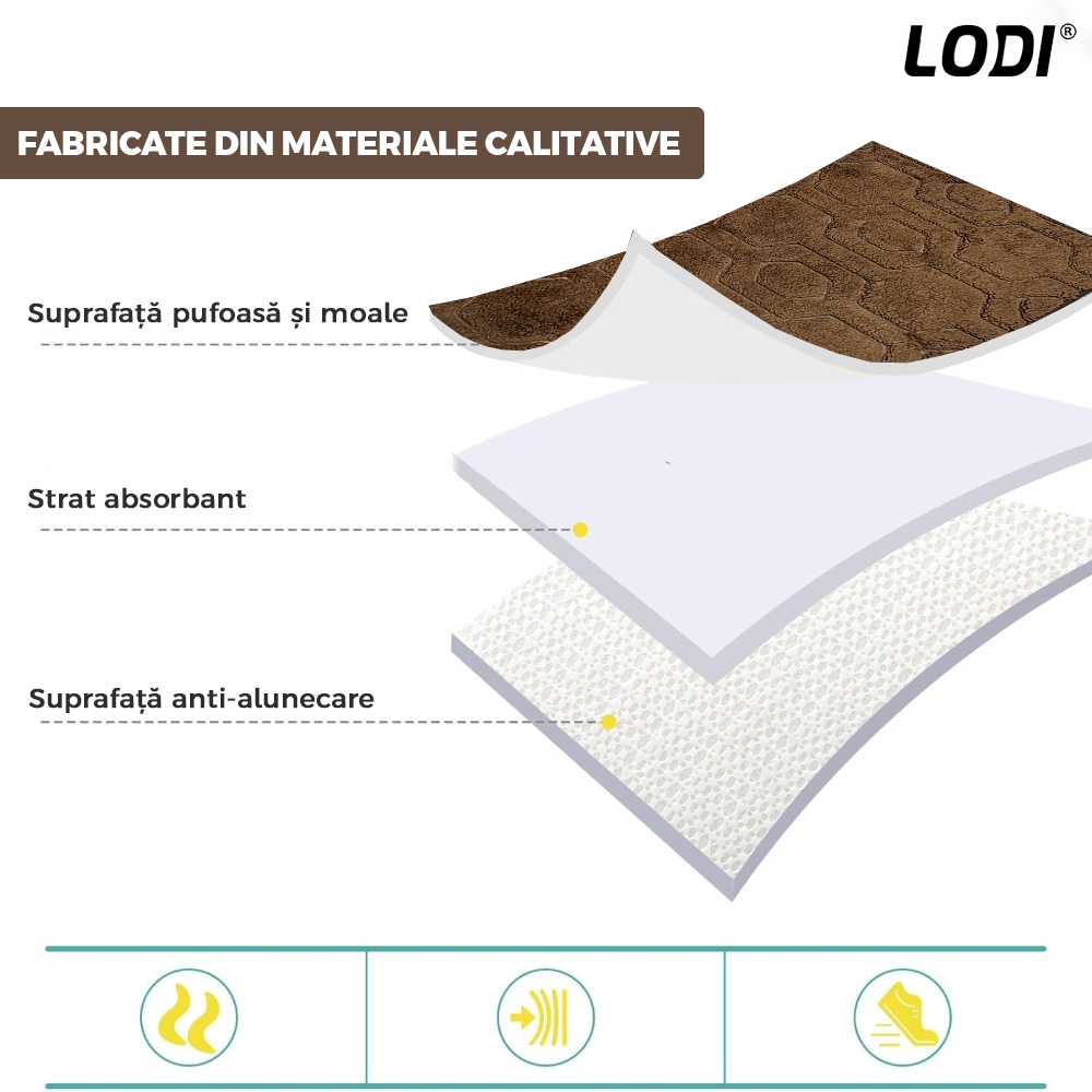 Set 2 Covorase de Baie Lodi1016, anti-derapante, material moale, design modern, model hexagoane, 80x50 & 50x40cm, maro