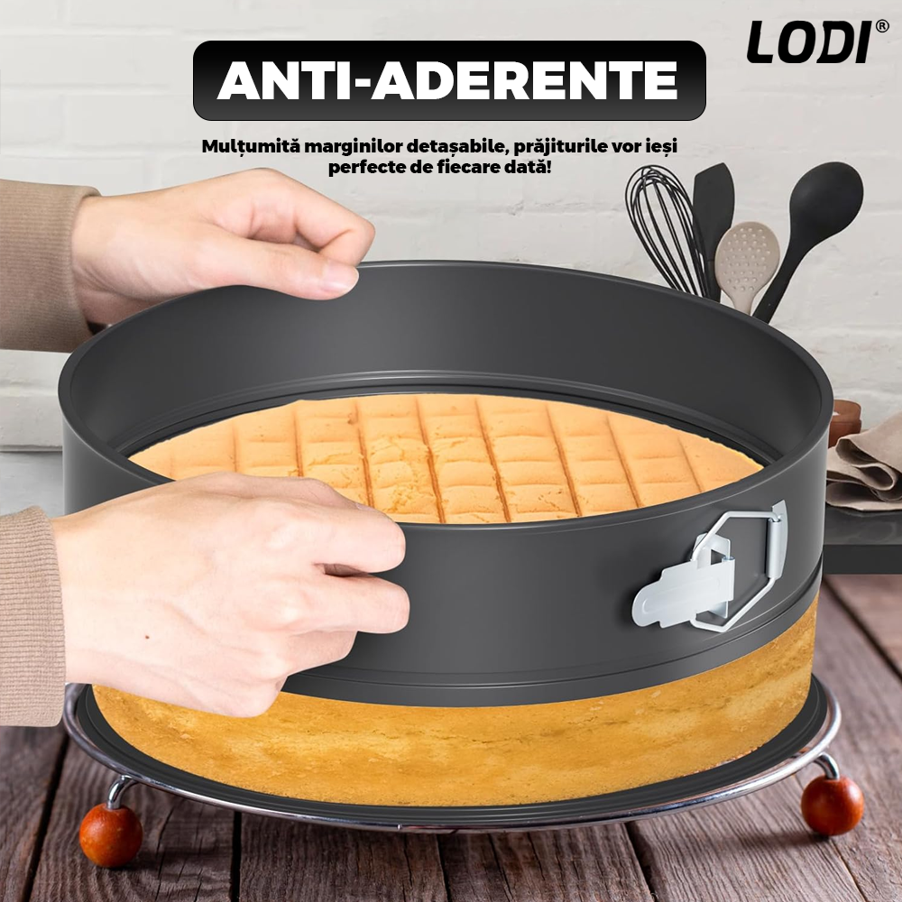 Set 3 Tavi pentru Copt Lodi1073, forma inima/cerc/patrat, baza detasabila, antiaderente, rezistente, usor de curatat, 24/26/28 cm, negru