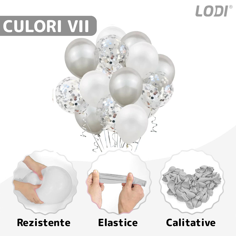Set 15 Baloane Lodi260, Confeti, pentru Petreceri/Aniversari/Evenimente, o singura dimensiune, 3 culori, latex, argintiu/alb/transparent