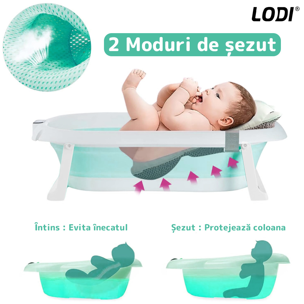 Cadita cu Pernuta pentru Bebelusi Lodi1314, casca de protectie inclusa, termometru digital incorporat, pliabila, dop de scurgere, picioare anti-alunecare, design ergonomic, 75 x 45 x 22 cm, verde
