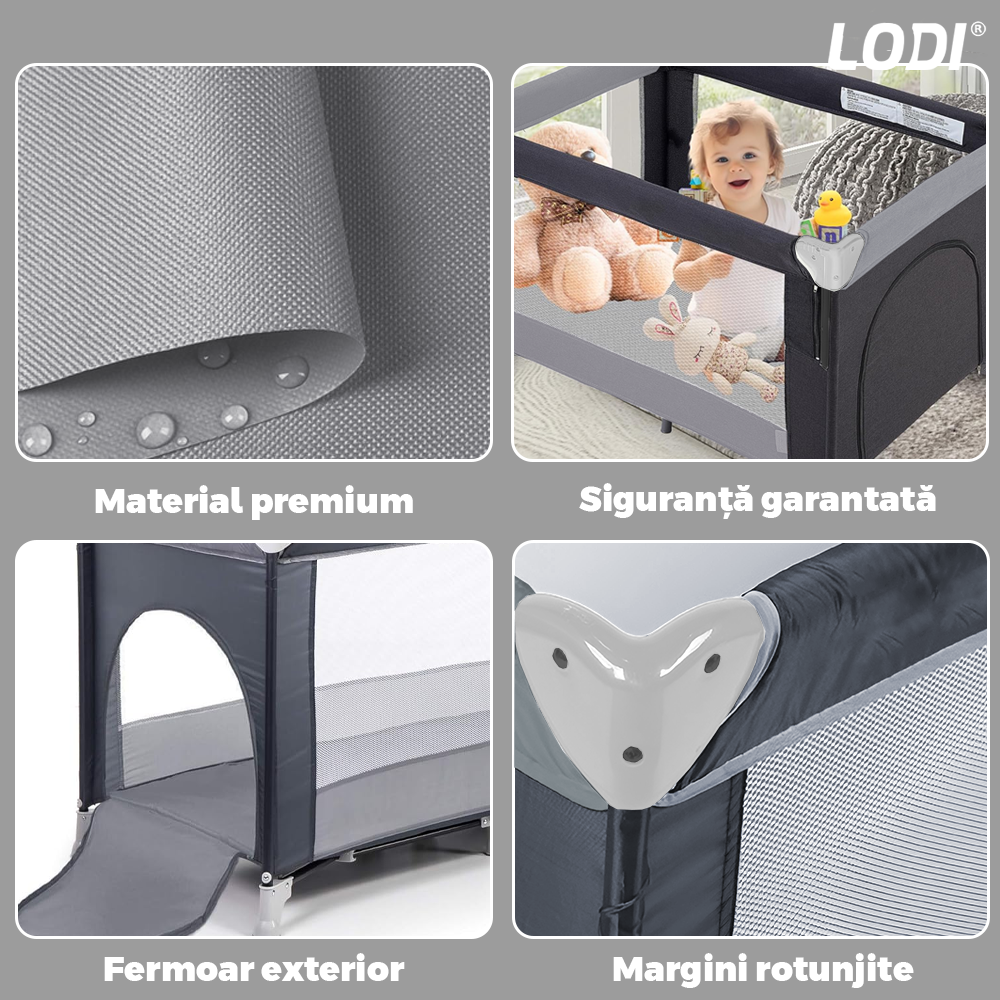 Patut Turistic Pliabil pentru Copii Lodi984, usa cu fermoar exterior, plasa de protectie tantari, materiale calitative, usor de montat, geanta de depozitare, dimensiuni 125x78x65, gri