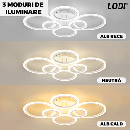Lustra LED 6 Cercuri Lodi426,  dimabila cu telecomanda, 3 tipuri de lumina, intensitate ajustabila, lumina alba rece, neutra, alba cald, putere 160 W, 55 cm