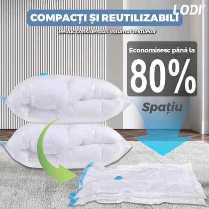 Set 12 Saci de Vidat Lodi1414, pentru imbracaminte, pilote, perne, rezistenti, valva tripla, materiale calitative, protectie waterproof, reutilizabili, vidare prin vacuum, 4 marimi, transparent/albastru