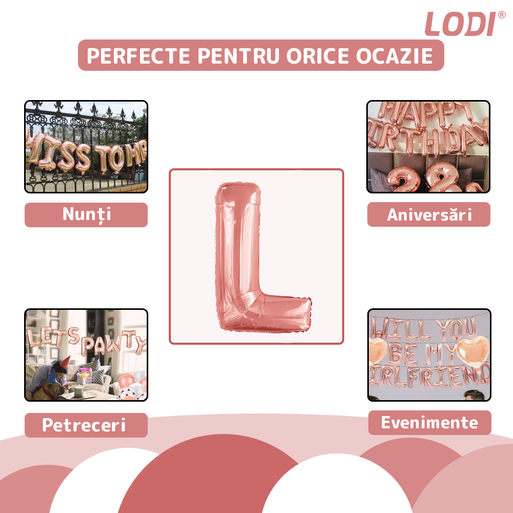 Balon in Forma de Litera L Lodi1472, metalizat, pentru Petreceri/Aniversari/Evenimente, rezistent, folie, rose gold, 40 cm