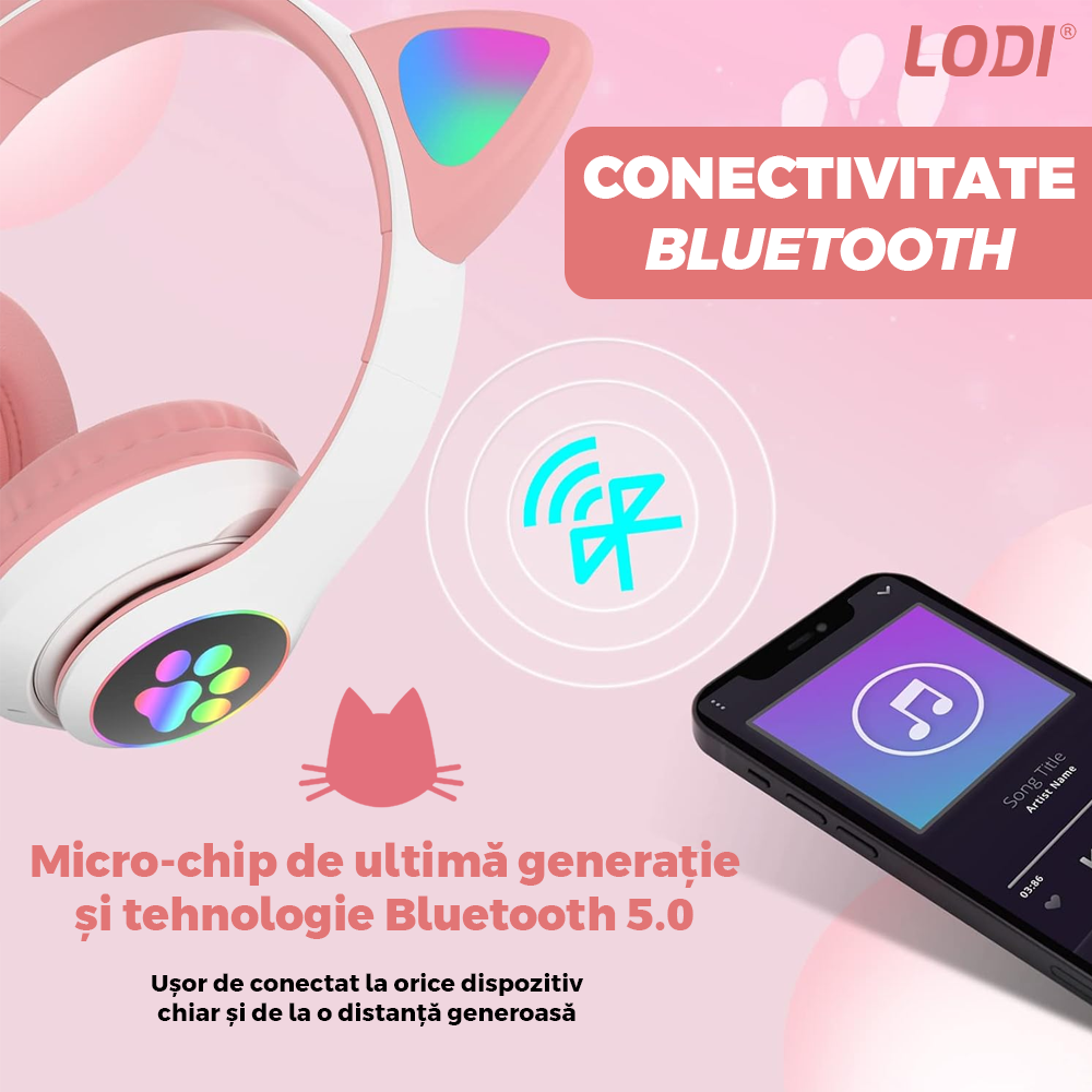 Casti Wireless Model Pisica Lodi945, STN-28, overear, urechi de pisica cu iluminare RGB, bluetooth 5.0, handsfree, HiFi, bass stereo, roz