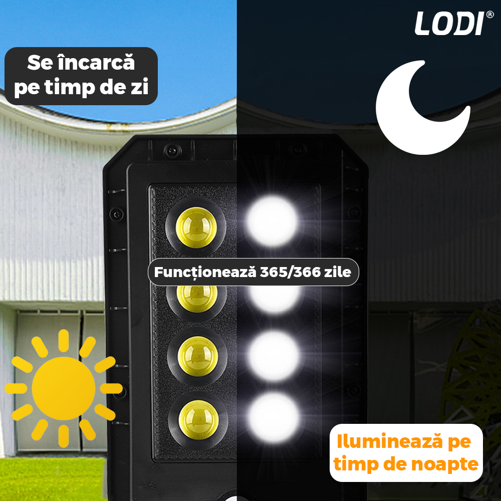 Lampa Solara Stradala 6 LED-uri Lodi864, tip bec, control prin telecomanda, senzor de miscare, 3 moduri de iluminare, protectie IP65, Waterproof, exterior, negru