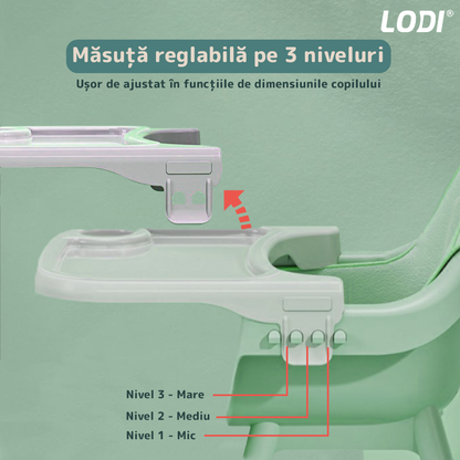 Scaun de Masa 3in1 pentru Bebelusi si Copii  Lodi91, inaltime ajustabila, centura de siguranta in 5 puncte, tavita reglabila si detasabila, loc depozitare jucarii, verde