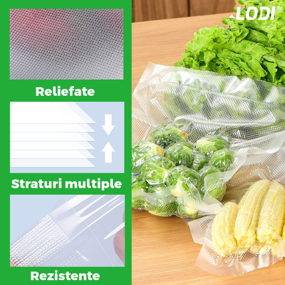 Set de Role Folii pentru Vidat Universale Lodi, 5m x 20cm, compatibile cu orice aparat de vidat, gofrate, reutilizabile, rezistente la caldura, transparente