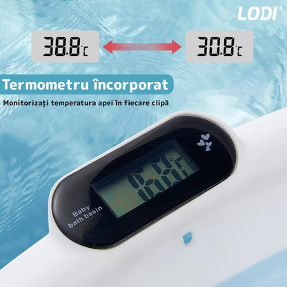 Cadita cu Pernuta pentru Bebelusi Lodi42, termometru digital incorporat, pliabila, dop de scurgere, picioare anti-alunecare, design ergonomic, 75 x 45 x 22 cm, albastru