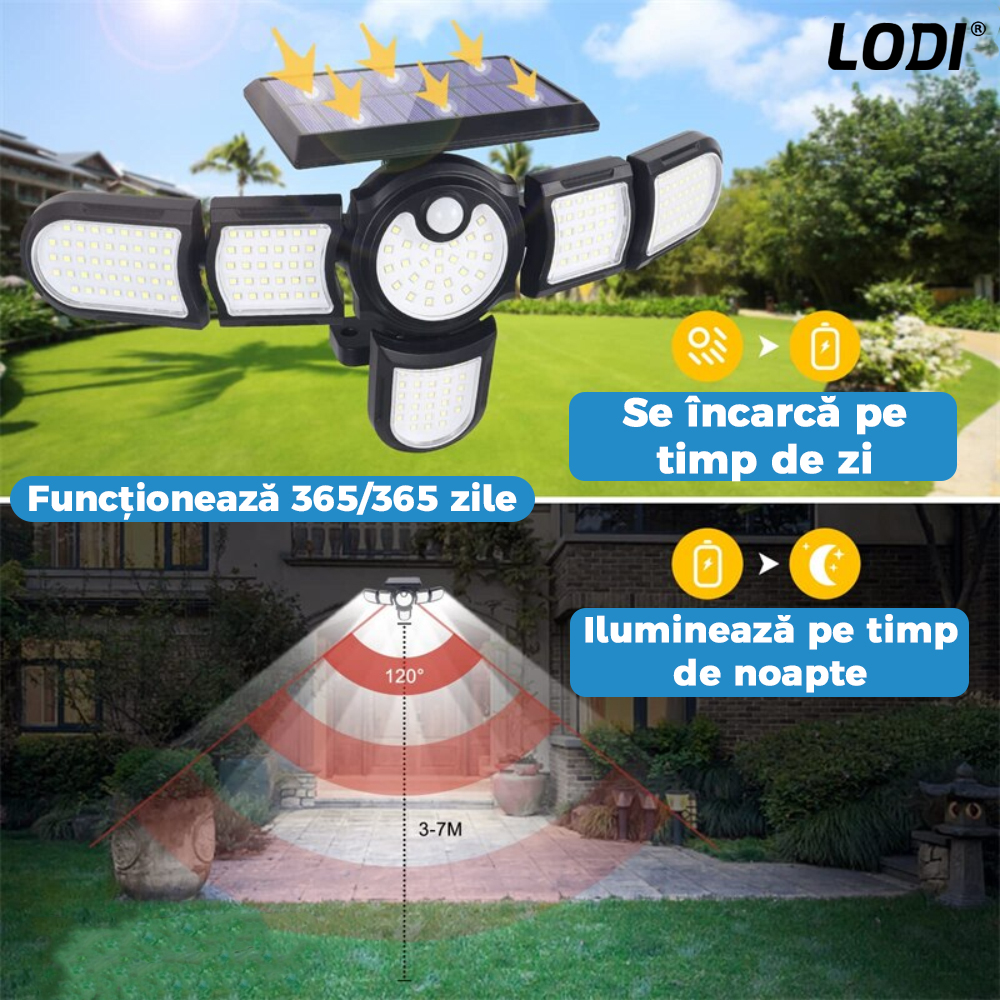 Lampa Solara 200 LED-uri Lodi266, 6 Capete, senzor de miscare, 3 moduri de iluminare, protectie IP65, Waterproof, exterior, negru