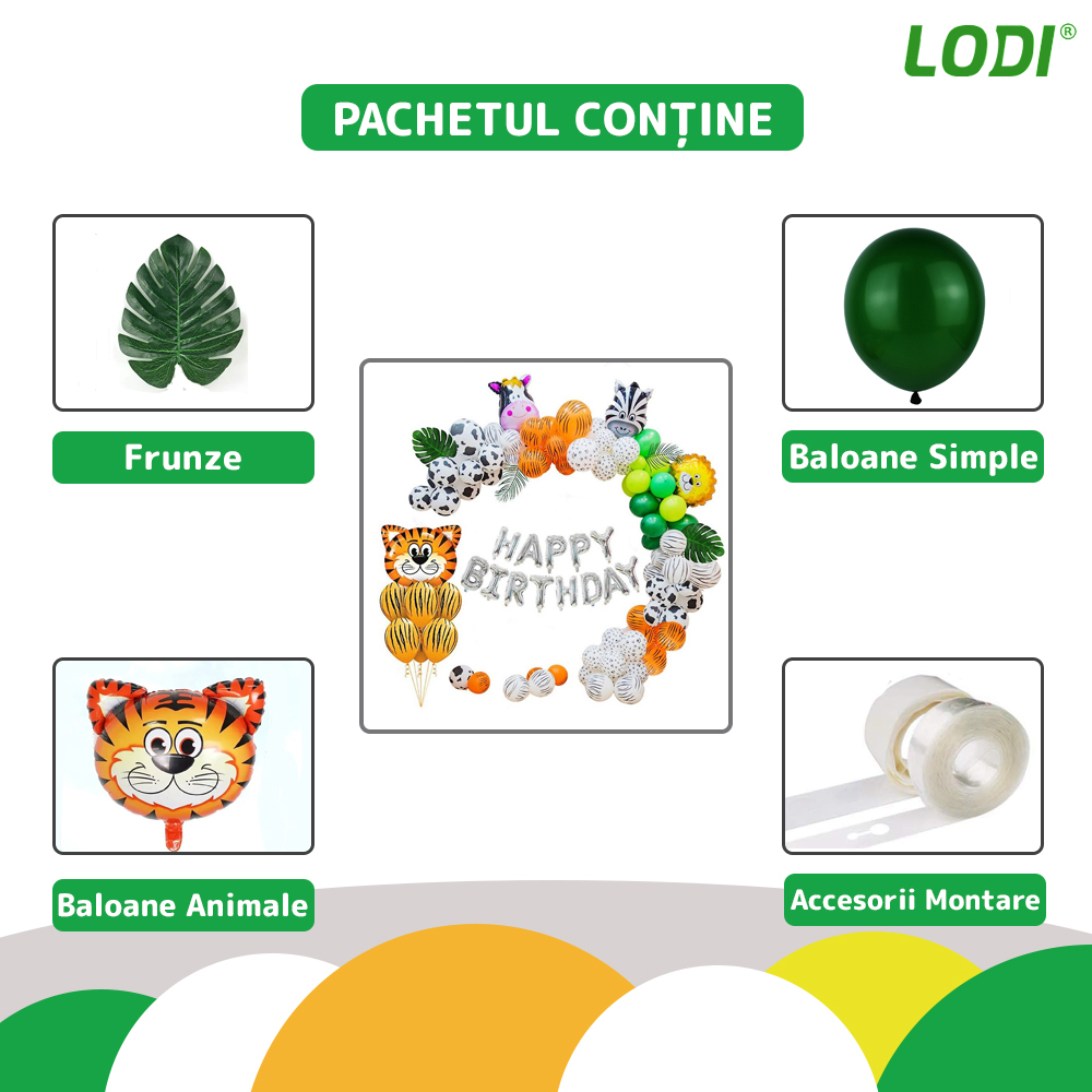 Set 106 Baloane si Decoratiuni Lodi301, pentru Petreceri/Aniversari copii, tema junglei/safari, latex, multicolor/verde