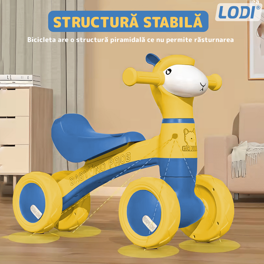 Bicicleta cu 4 Roti fara Pedale Oita Lodi1104, structura stabila, cap luminos, functie cu muzica, lansator de baloane incorporat,  80 x 58 x 51 cm, 1-3 ani, albastru/galben