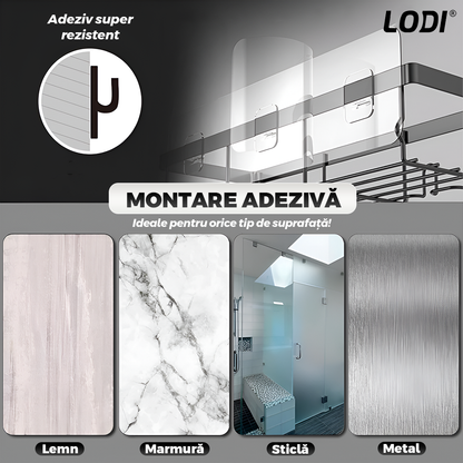 Set 5 Rafturi pentru Dus Lodi1264, depozitare si organizare, baie/bucatarie, otel inoxidabil, montare adeziva, rezistenta ridicata, cuiere incorporate, suporturi inalte, negru